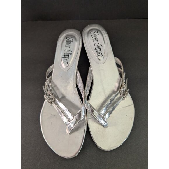 Silver Slipper Womens Metallic Silver Rhinestone Embellished Wedge Sandals Size - Picture 1 of 5